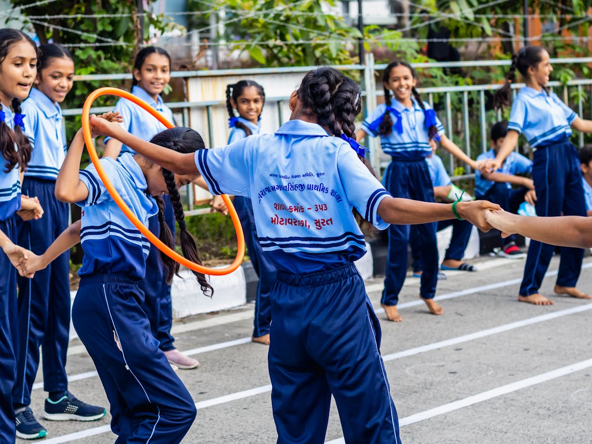 Indian school children in a physical-education activity